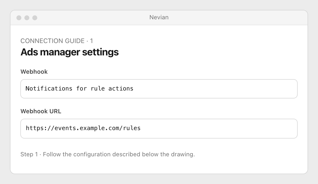 Drawing: Ads manager settings. Webhook: Notifications for rule actions; Webhook URL: https://events.example.com/rules