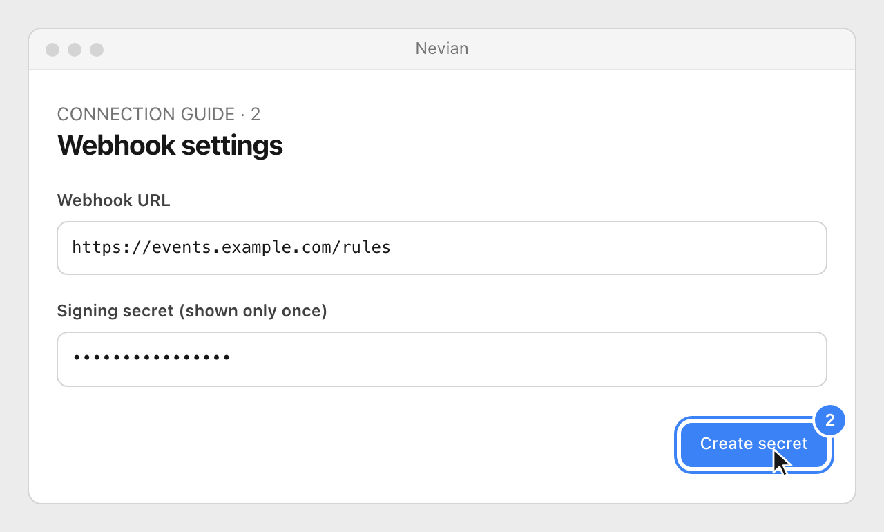 Drawing: Webhook settings. Webhook URL: https://events.example.com/rules; Signing secret (shown only once): ••••••••••••••••