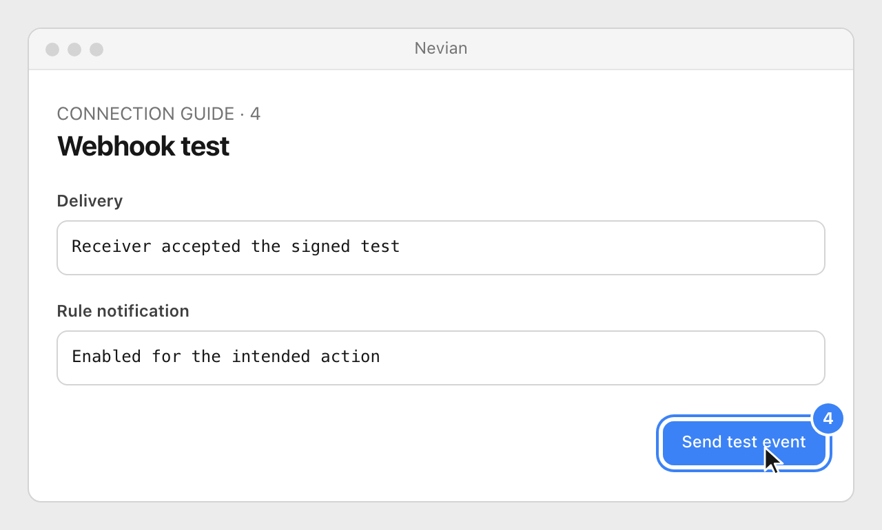 Drawing: Webhook test. Delivery: Receiver accepted the signed test; Rule notification: Enabled for the intended action