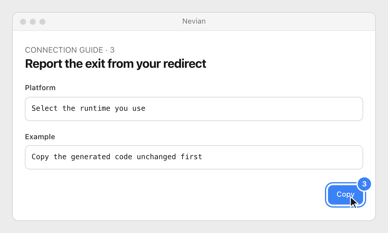 Drawing: Report the exit from your redirect. Platform: Select the runtime you use; Example: Copy the generated code unchanged first