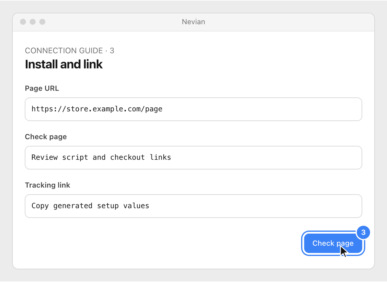 Drawing: Install and link. Page URL: https://store.example.com/page; Check page: Review script and checkout links; Tracking link: Copy generated setup values