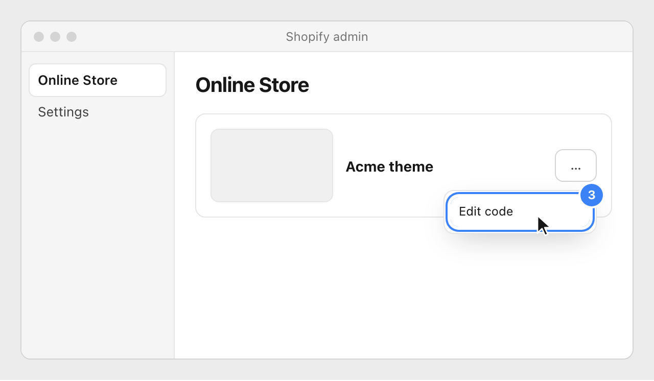 Shopify's Online Store page with the theme's menu open and Edit code highlighted.