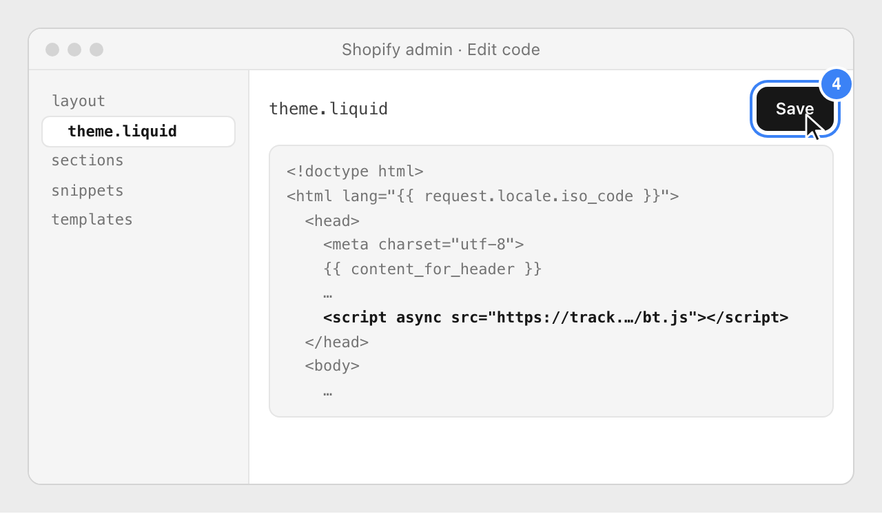 Shopify's code editor with theme.liquid open, the Nevian script pasted right before the closing head tag and the Save button highlighted.