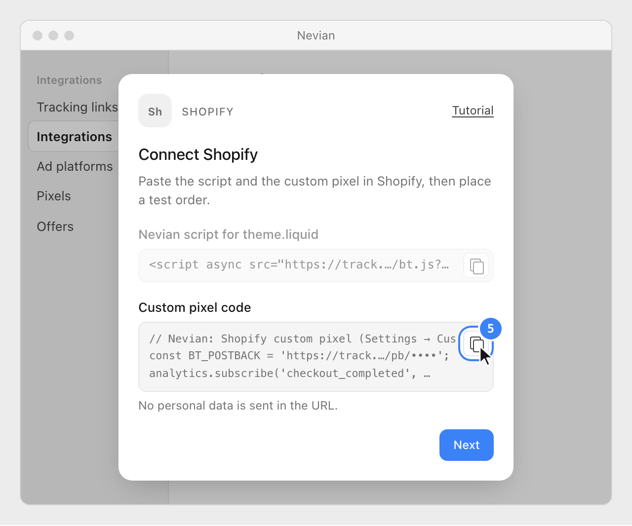 The Connect Shopify window with the copy button of the Custom pixel code highlighted.