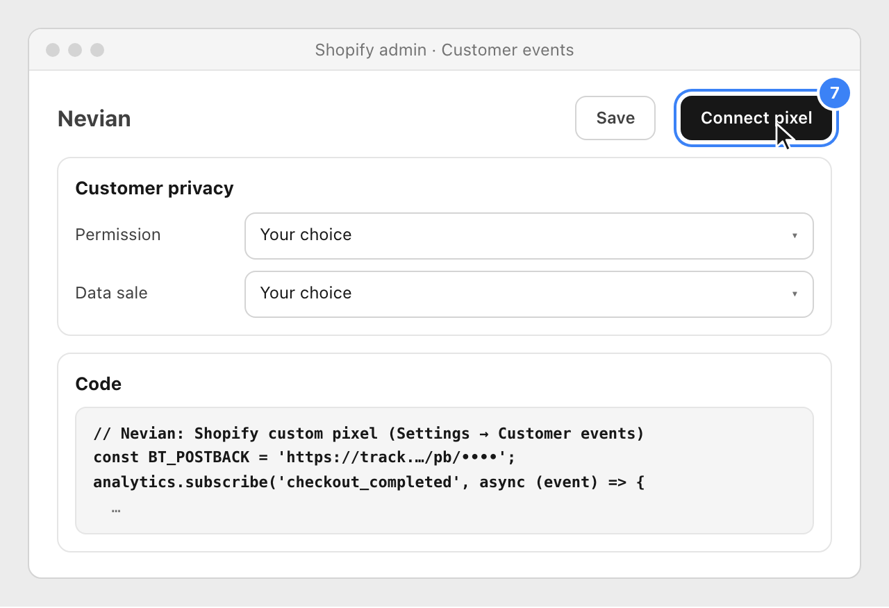 The Nevian custom pixel in Shopify with the Customer privacy settings, the pasted code and the Connect pixel button highlighted.