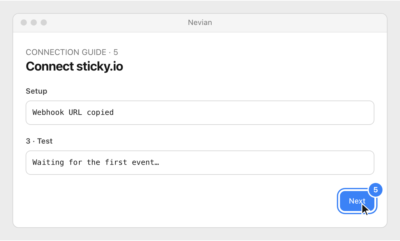 Drawing: Connect sticky.io. Setup: Webhook URL copied; 3 · Test: Waiting for the first event…
