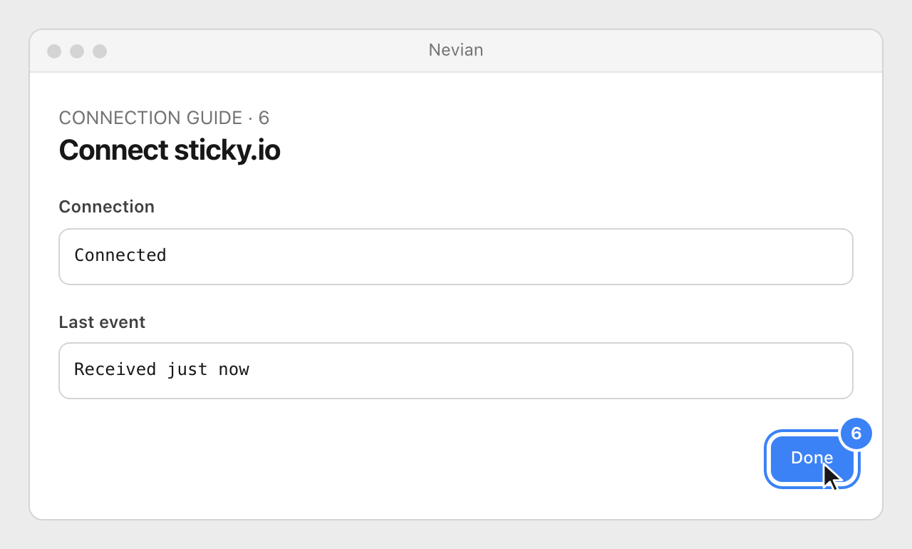 Drawing: Connect sticky.io. Connection: Connected; Last event: Received just now