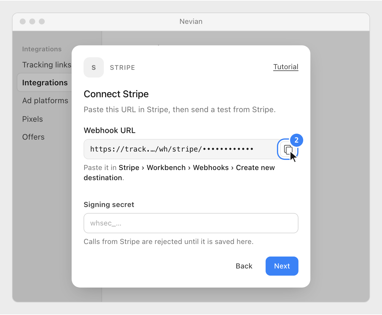 The Webhook URL in the Connect Stripe window, with its copy button highlighted.