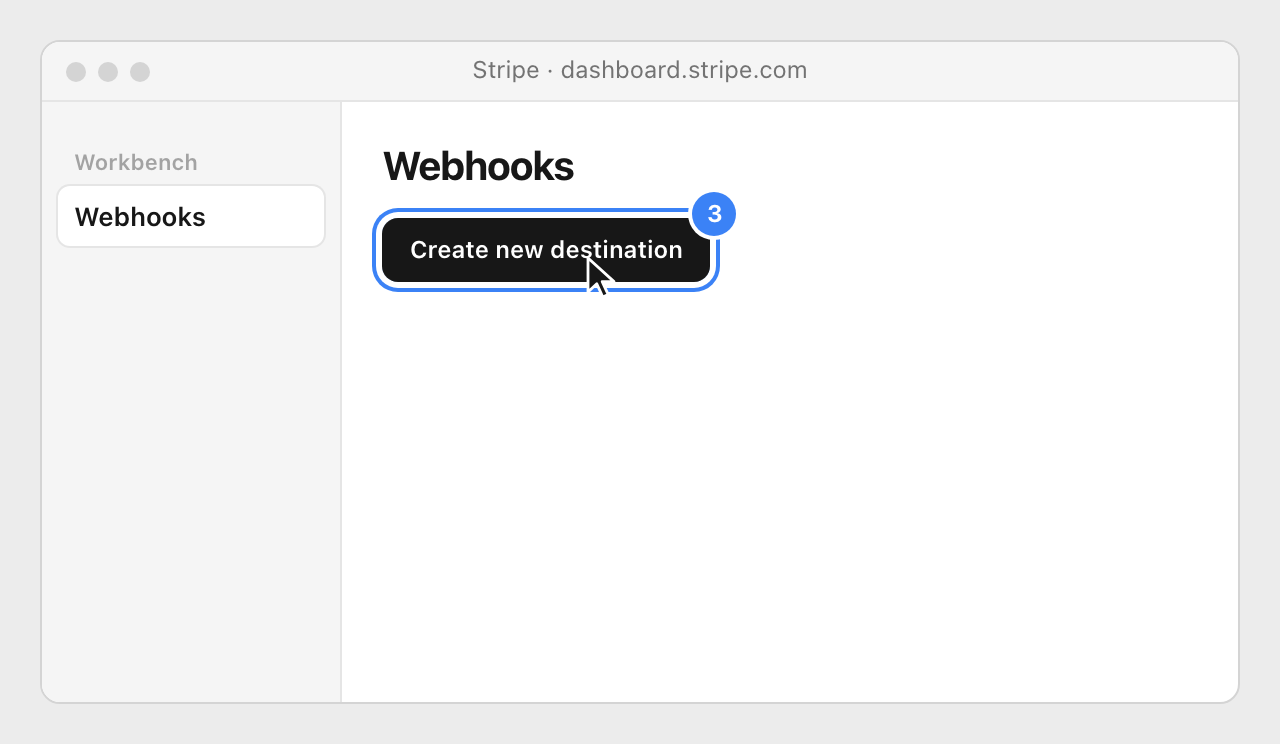 The Webhooks tab of Stripe Workbench, with the Create new destination button highlighted.
