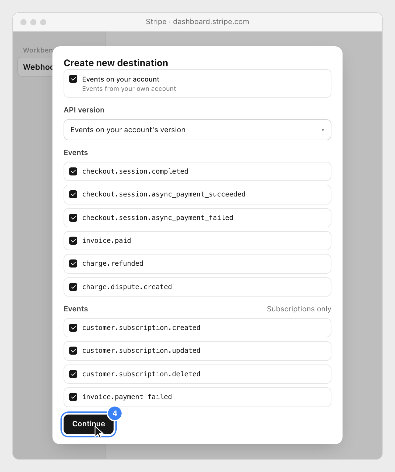 Stripe's new event destination with Events on your account chosen, the events selected and the Continue button highlighted.