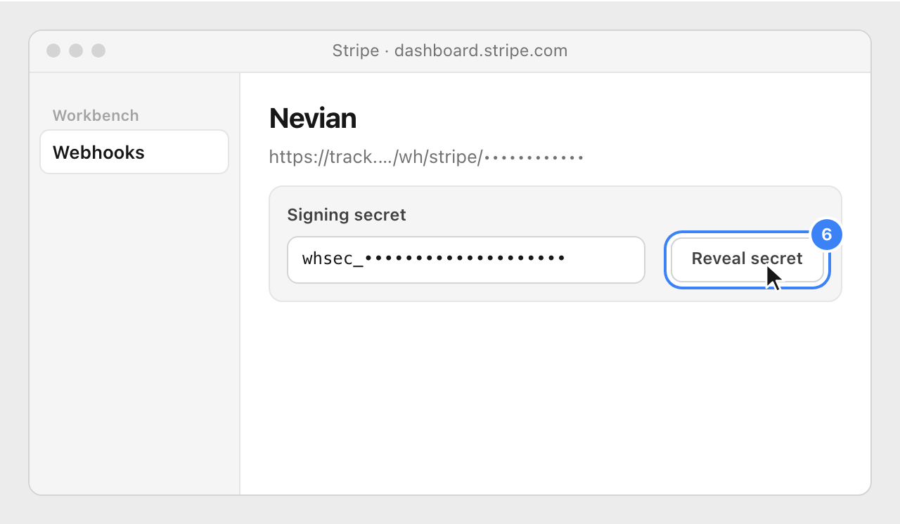 The Nevian destination in Stripe Workbench, with the Reveal secret button of the signing secret highlighted.