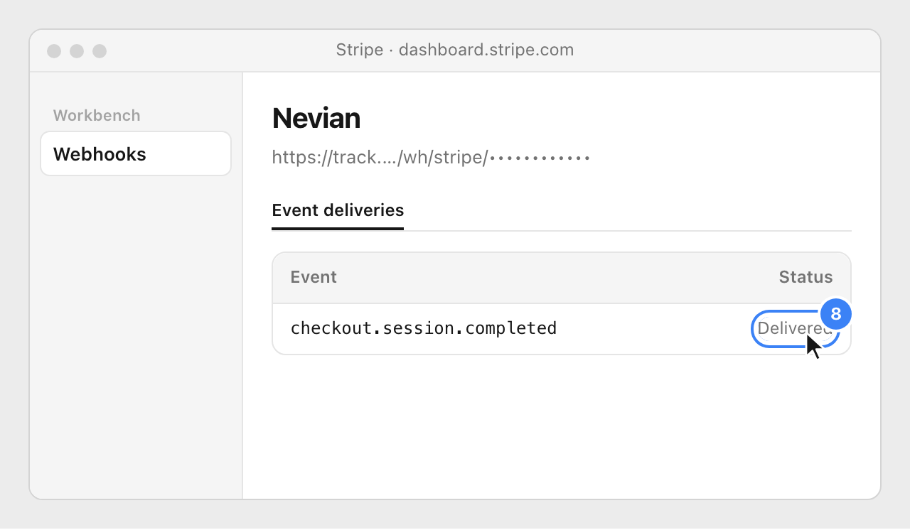 The Event deliveries tab of the Nevian destination in Stripe, with a delivered checkout.session.completed event highlighted.