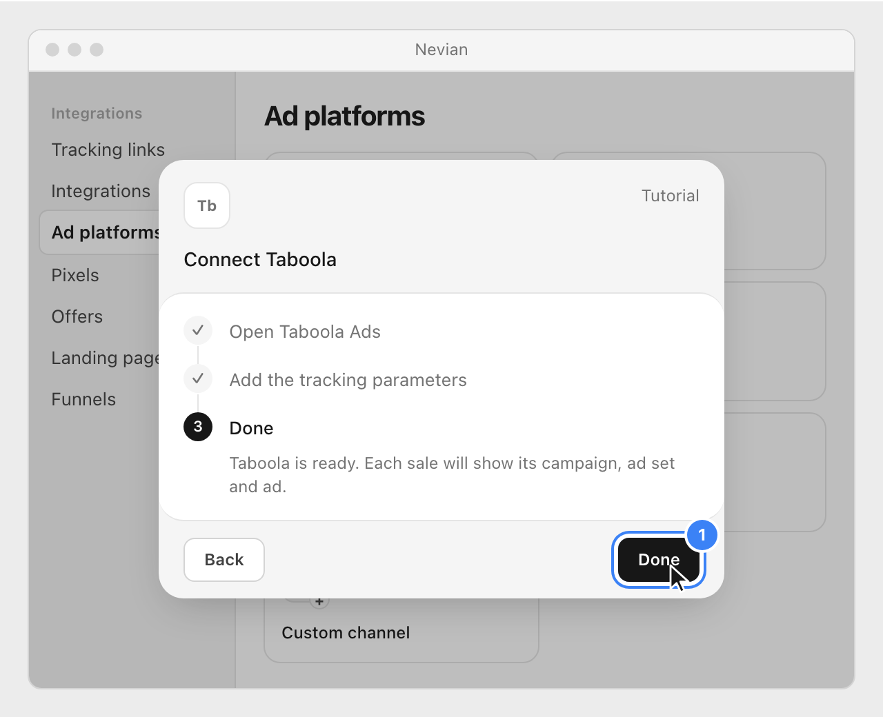 The Connect Taboola window in Nevian on its last step, with the Done button highlighted.
