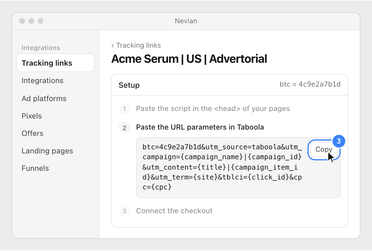 The Setup of the tracking link, with the URL parameters string starting with btc= and its Copy button highlighted.