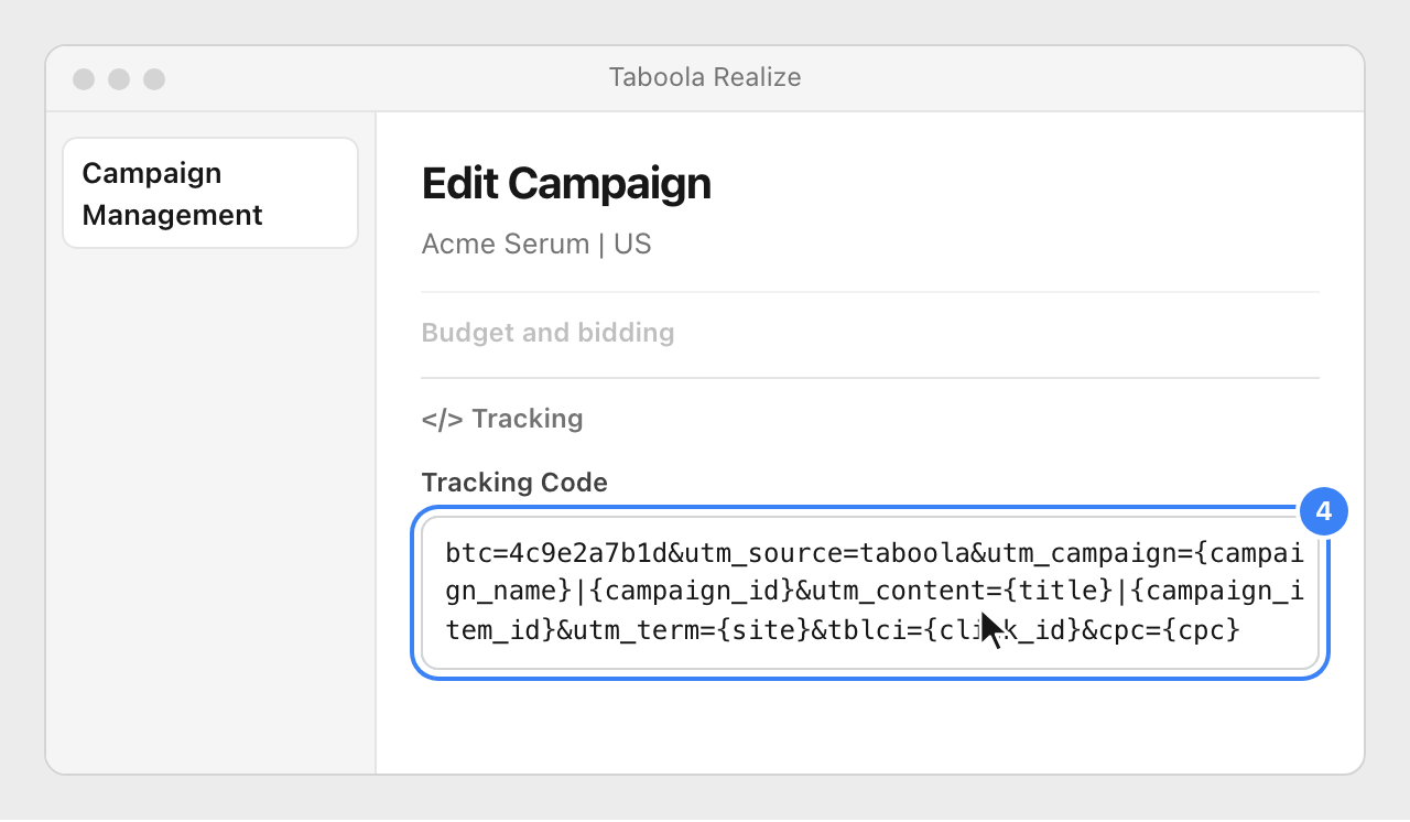The Edit Campaign page in Taboola Realize, with the Nevian string in the Tracking Code field highlighted.