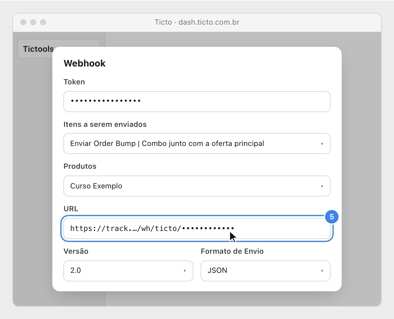 Ticto's new webhook with the token, order bumps sent with the main offer, the pasted Nevian URL highlighted, version 2.0 and JSON.