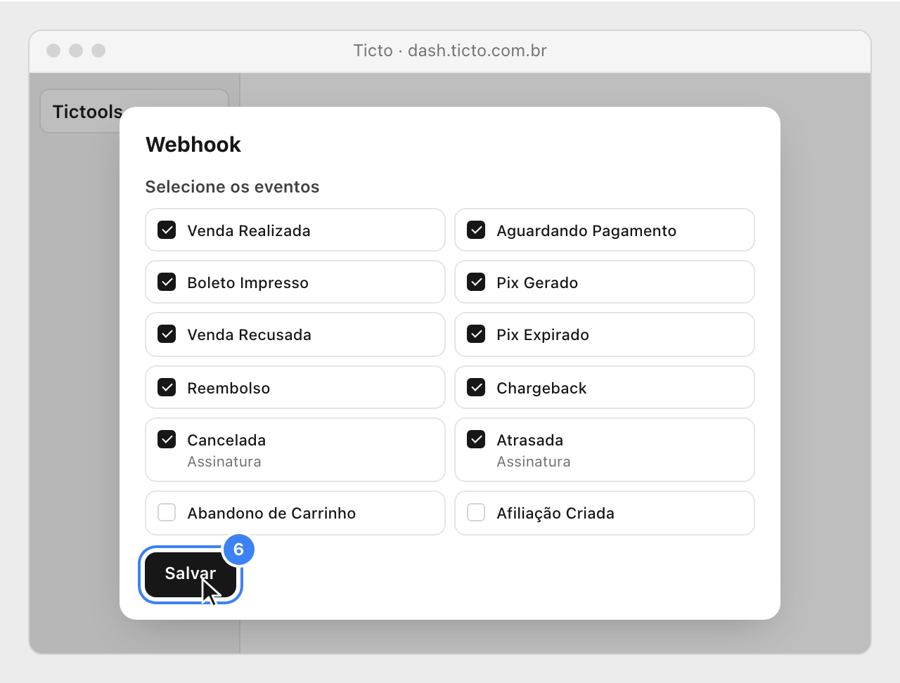 The Ticto sale, refund and chargeback events ticked, cart and affiliation events left blank, and the Salvar button highlighted.