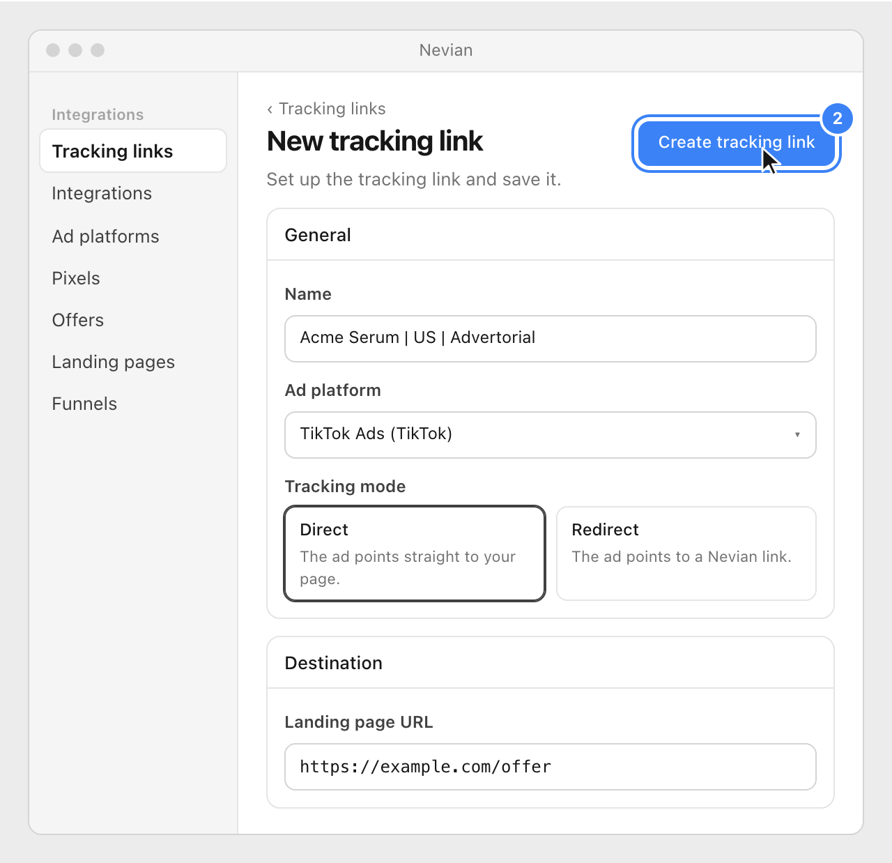 The New tracking link form with TikTok Ads as the ad platform, Direct tracking and a landing page URL, and the Create tracking link button highlighted.