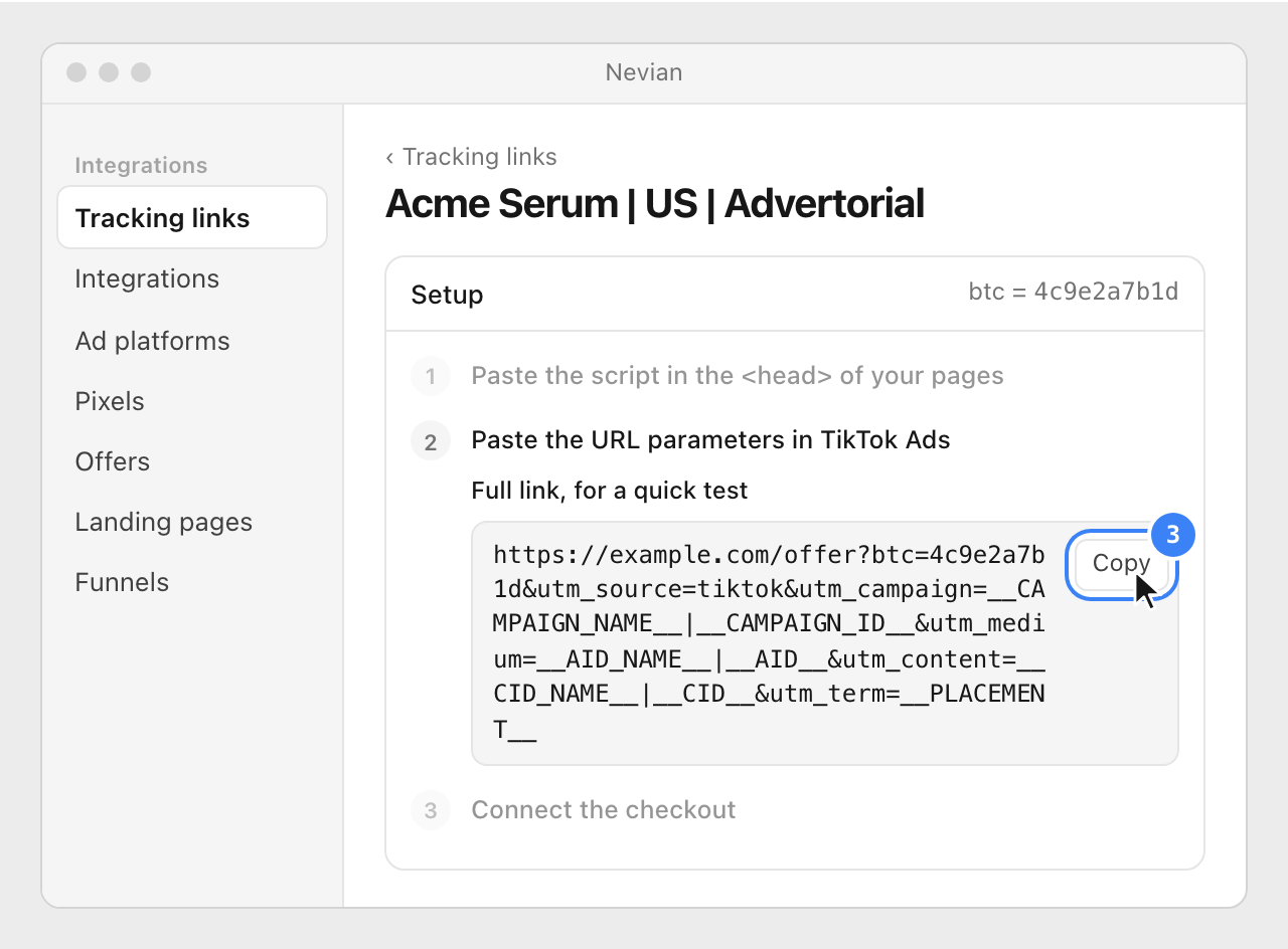 The Setup of the tracking link, with the full link (page address, btc= and the TikTok macros) and its Copy button highlighted.