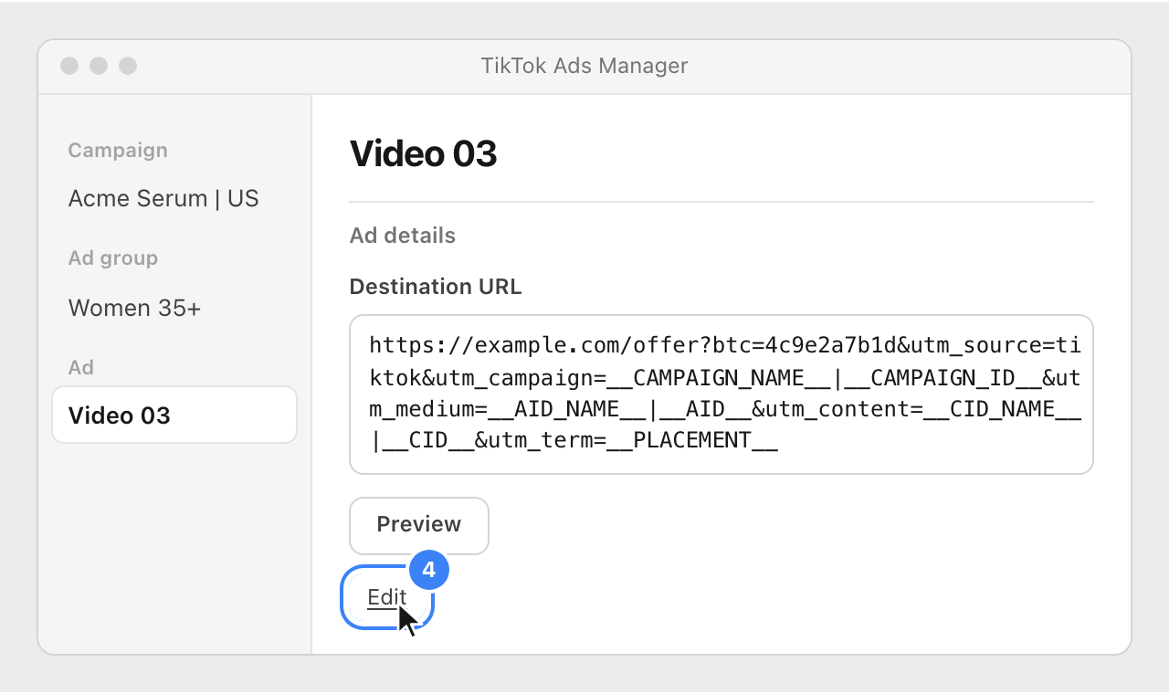 The Ad details of a TikTok ad with the full Nevian link in Destination URL, and the Edit link under Preview highlighted.