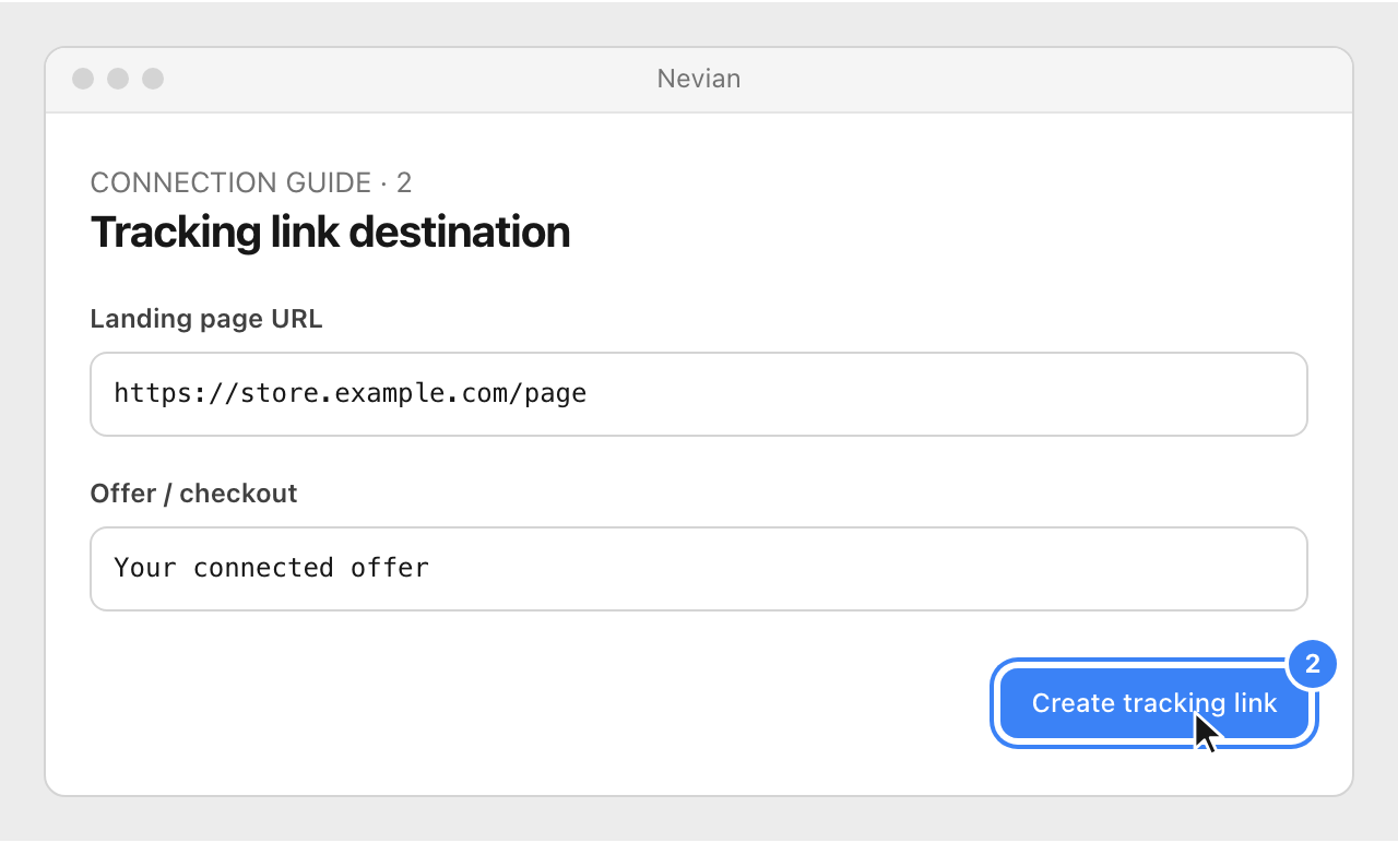 Drawing: Tracking link destination. Landing page URL: https://store.example.com/page; Offer / checkout: Your connected offer
