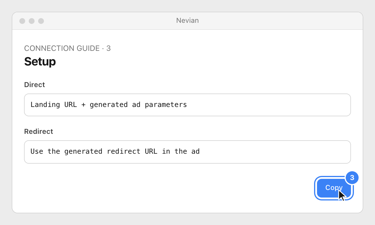 Drawing: Setup. Direct: Landing URL + generated ad parameters; Redirect: Use the generated redirect URL in the ad
