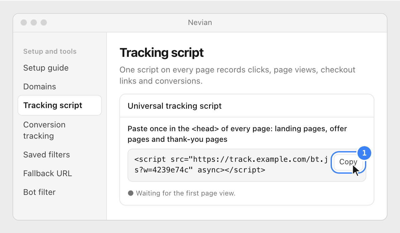 The Tracking script page in Nevian, with the script tag in the Universal tracking script card and its Copy button highlighted.