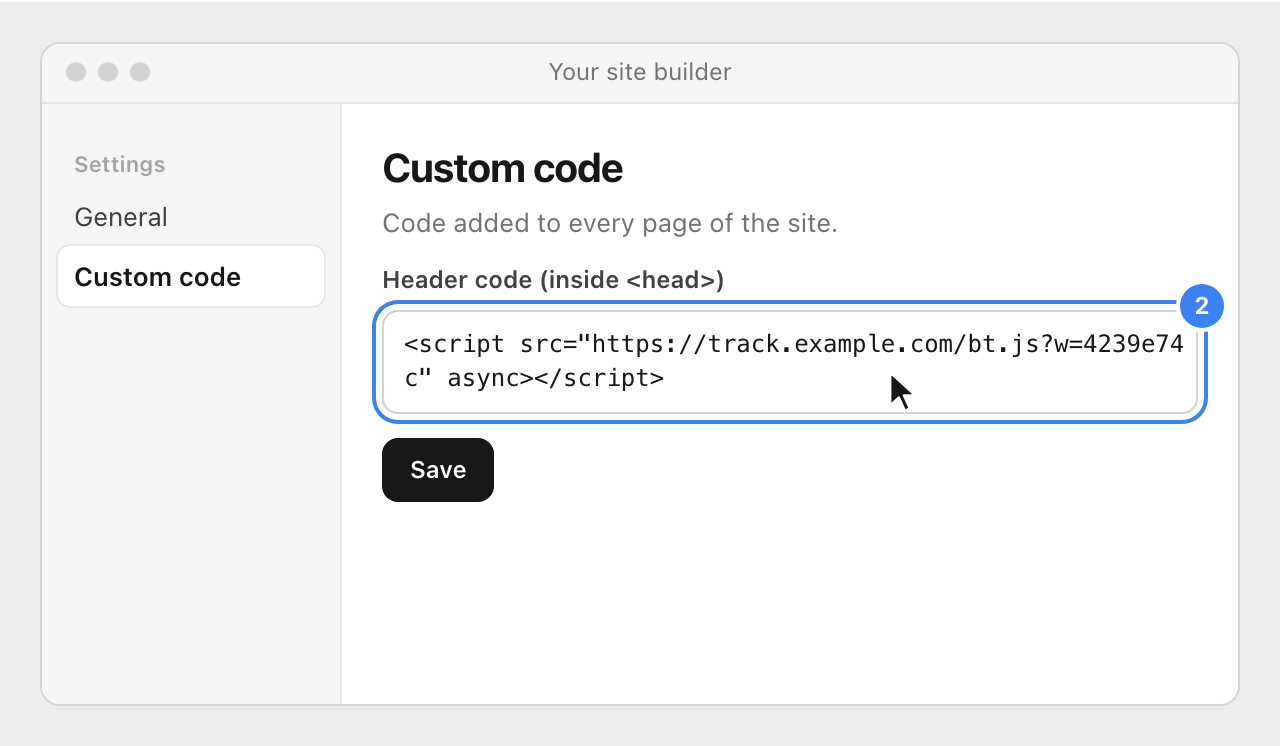 A generic site builder with the Nevian script pasted in its header code field, highlighted.