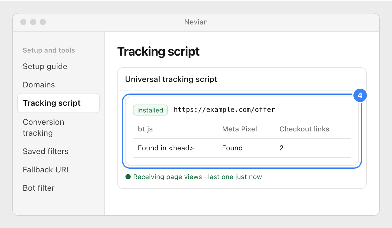 The check result Installed, with bt.js found in the head, the Meta Pixel found and two checkout links, and the line Receiving page views.