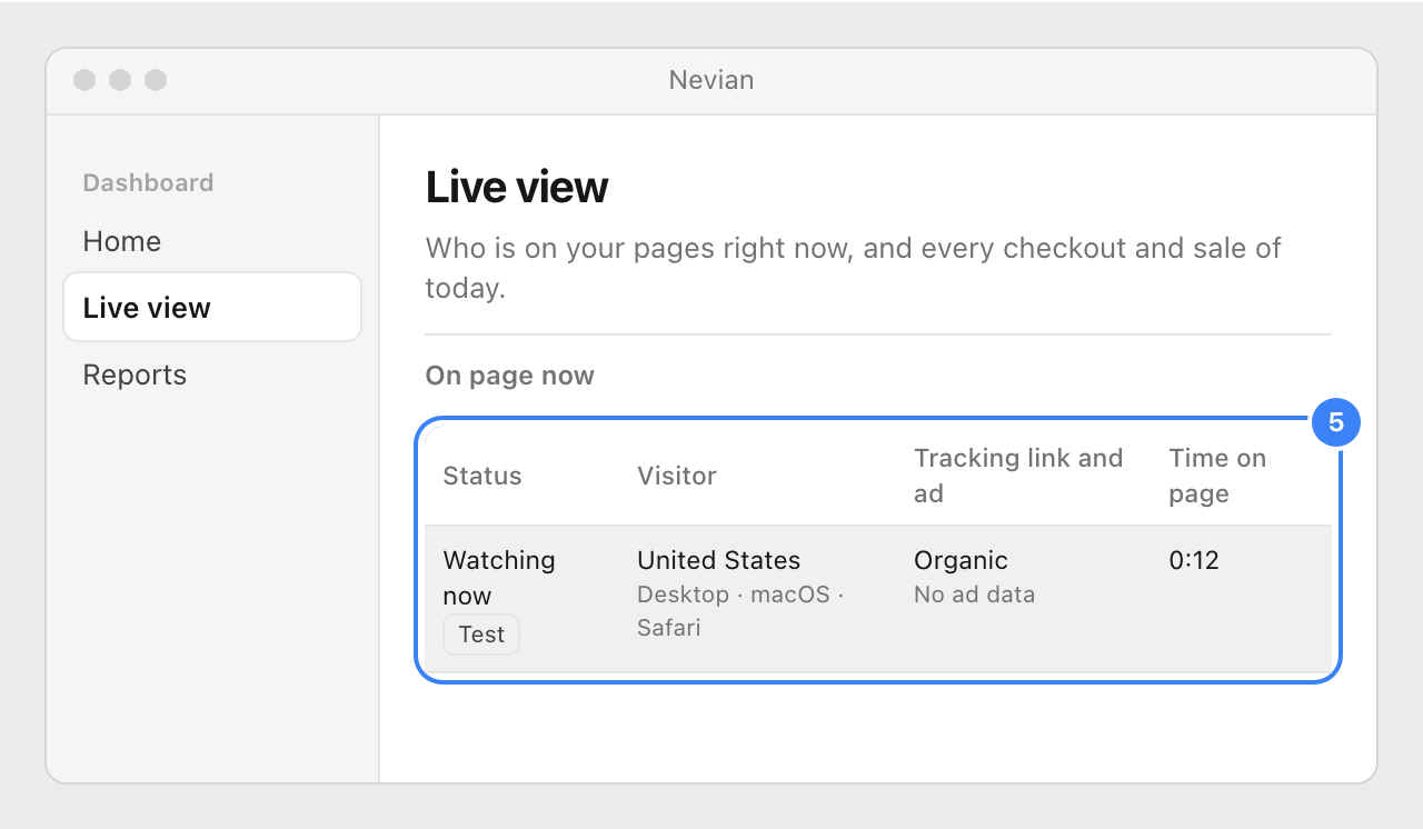 Live view in Nevian with the test visit under On page now, marked Test.