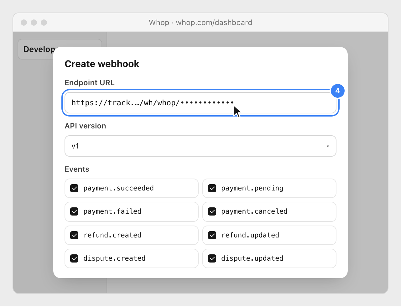 Whop's new webhook form with the pasted Nevian URL highlighted, API version v1 and the eight events selected.