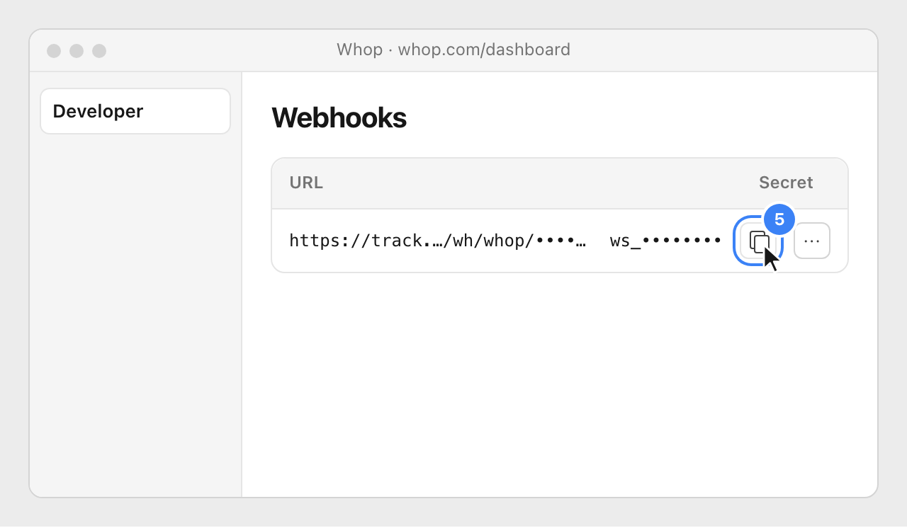 The Nevian webhook in Whop's table, with the copy button of the ws_ secret highlighted.