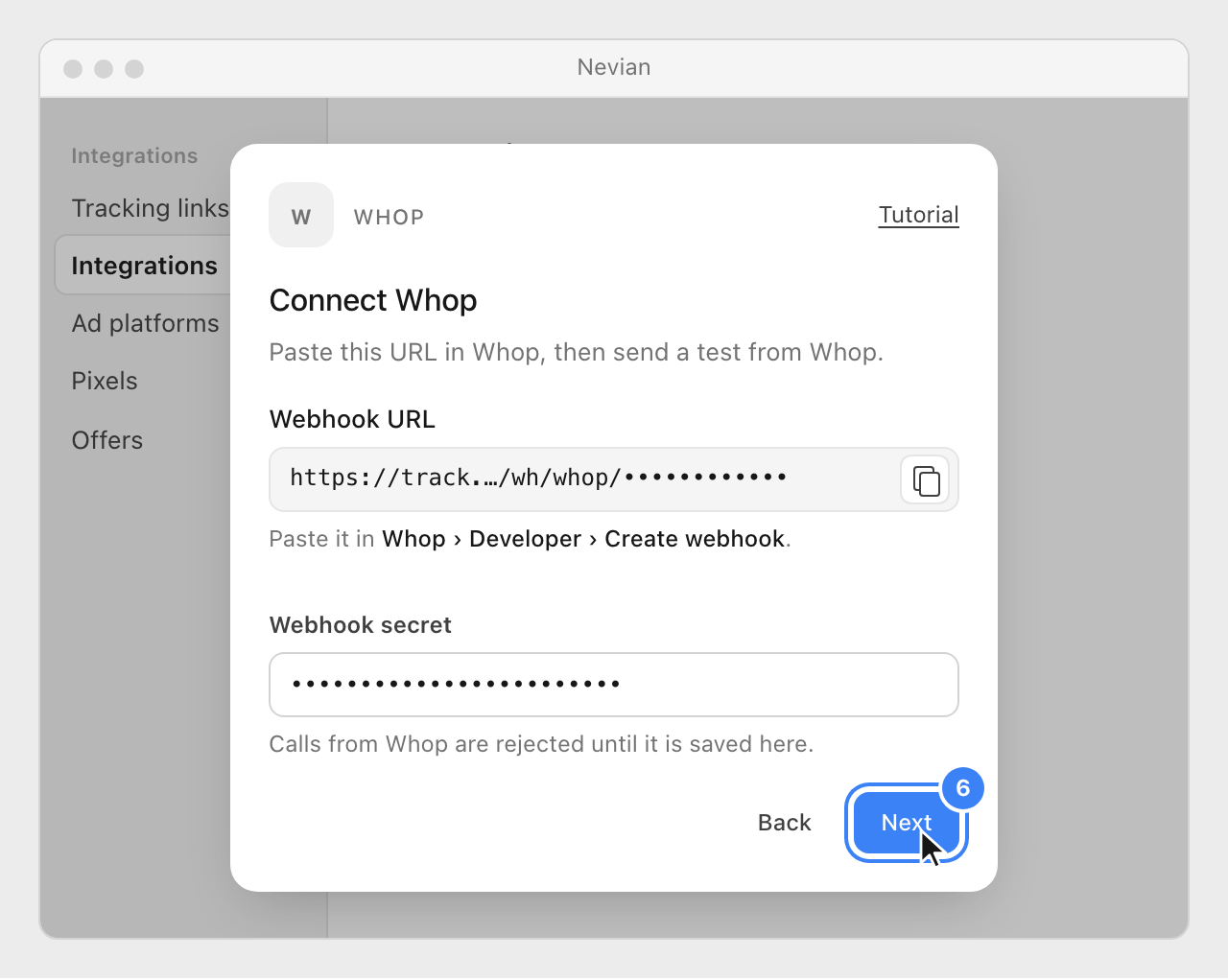 The Connect Whop window with the webhook secret pasted and the Next button highlighted.