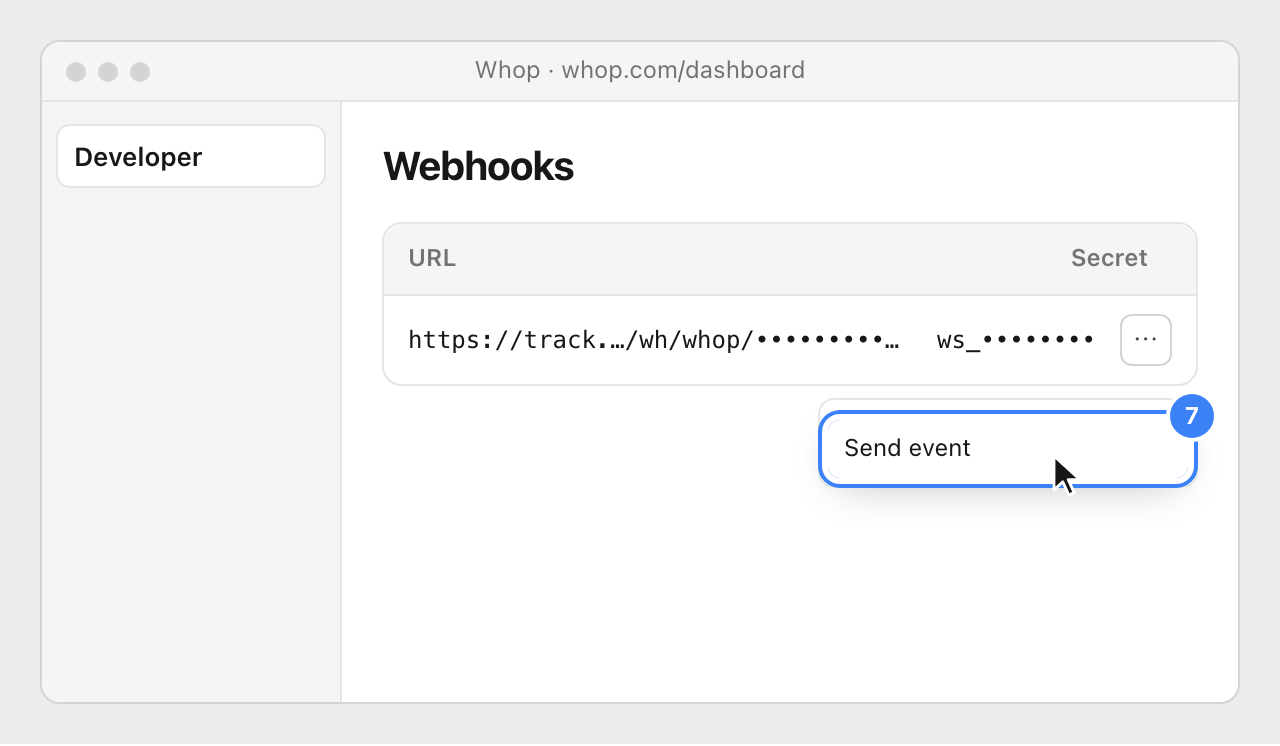 The row actions menu of the Nevian webhook in Whop, with Send event highlighted.