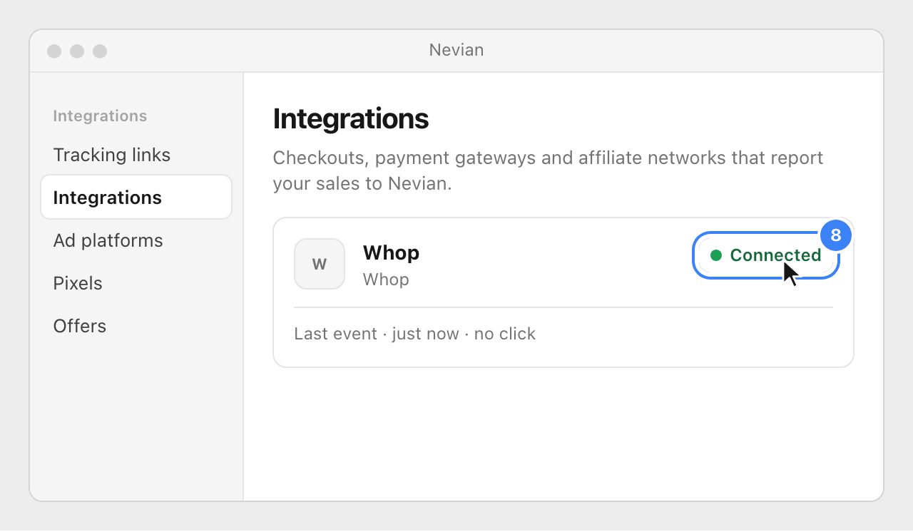 The Whop card in Nevian's Integrations list showing Connected.
