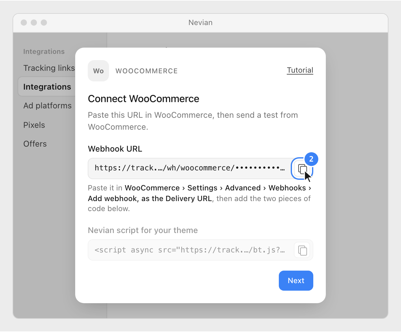 The Webhook URL in the Connect WooCommerce window, with its copy button highlighted.