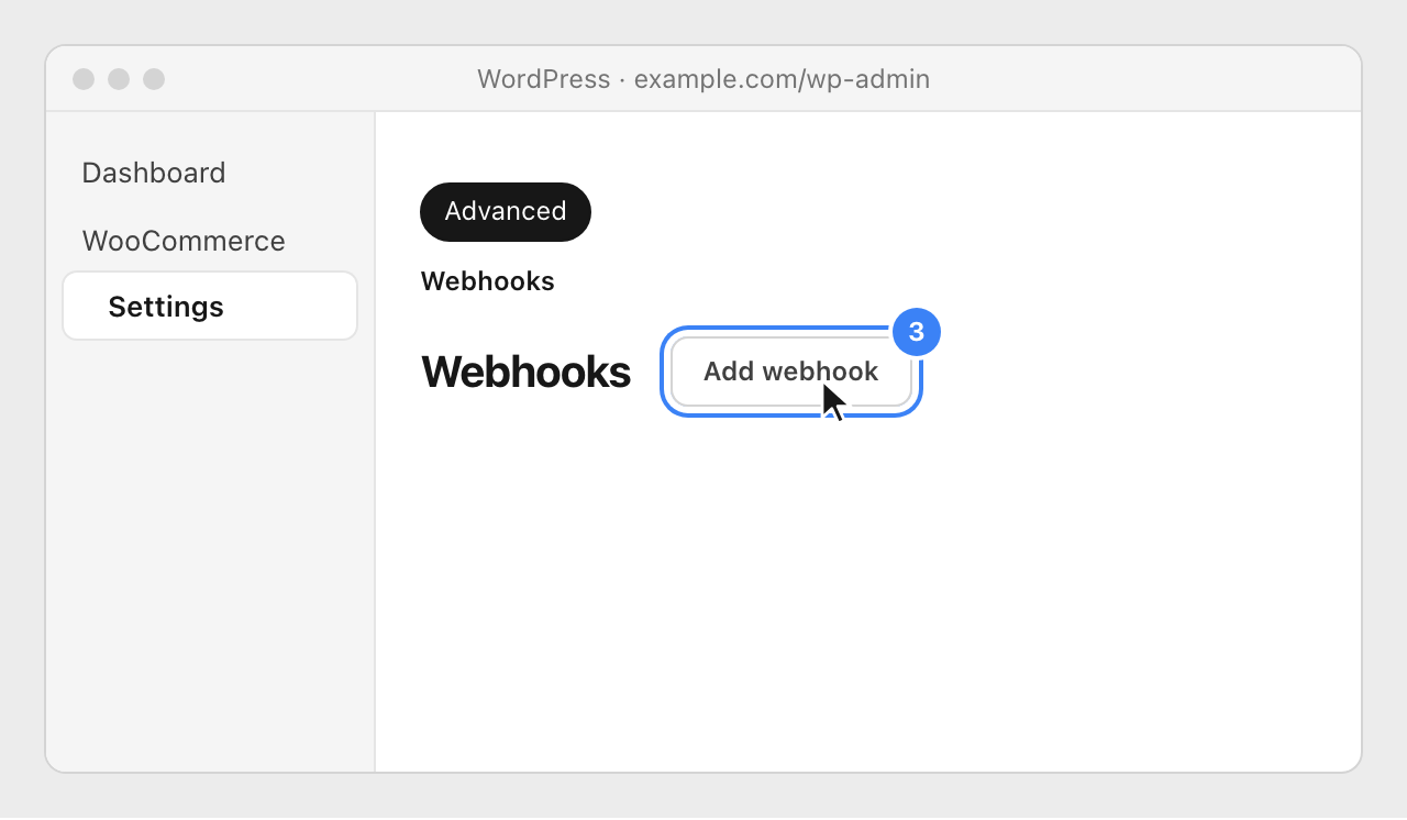 WooCommerce's Webhooks settings in WordPress, with the Add webhook button highlighted.