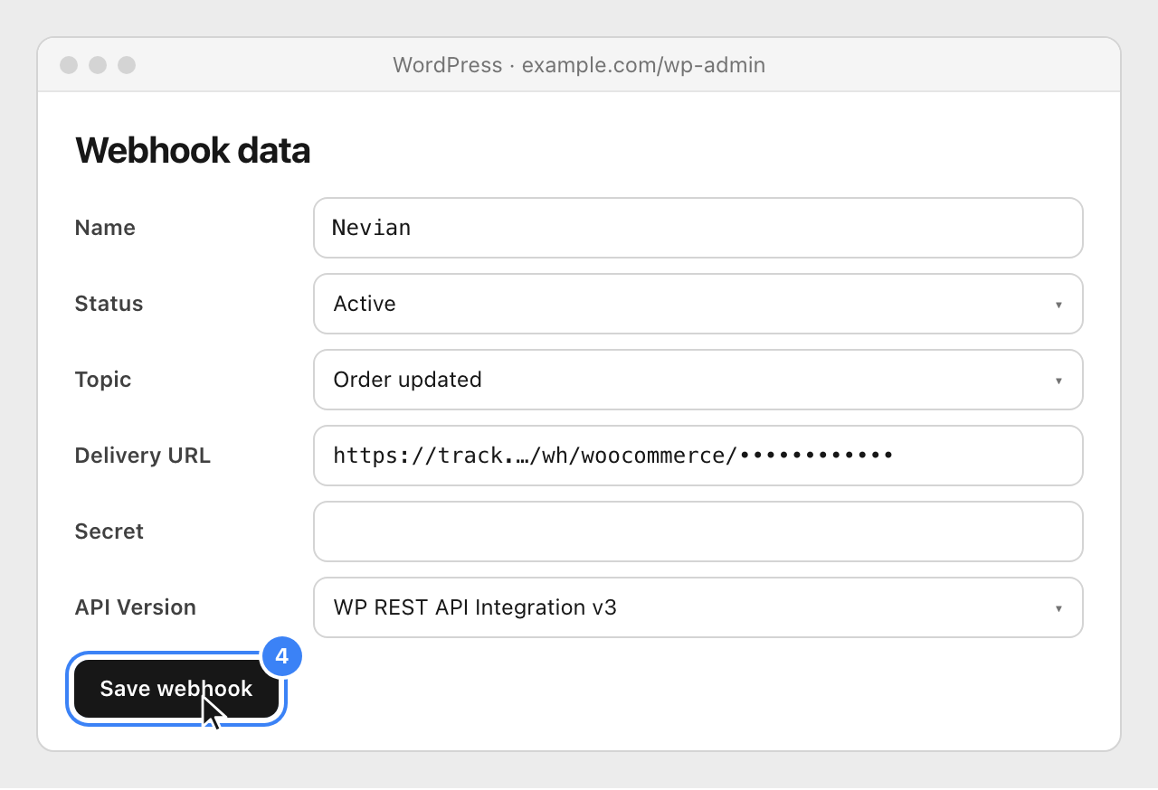 WooCommerce's Webhook data form with the name Nevian, Status Active, Topic Order updated, the Nevian Delivery URL, a blank Secret, API Version WP REST API Integration v3 and the Save webhook button highlighted.