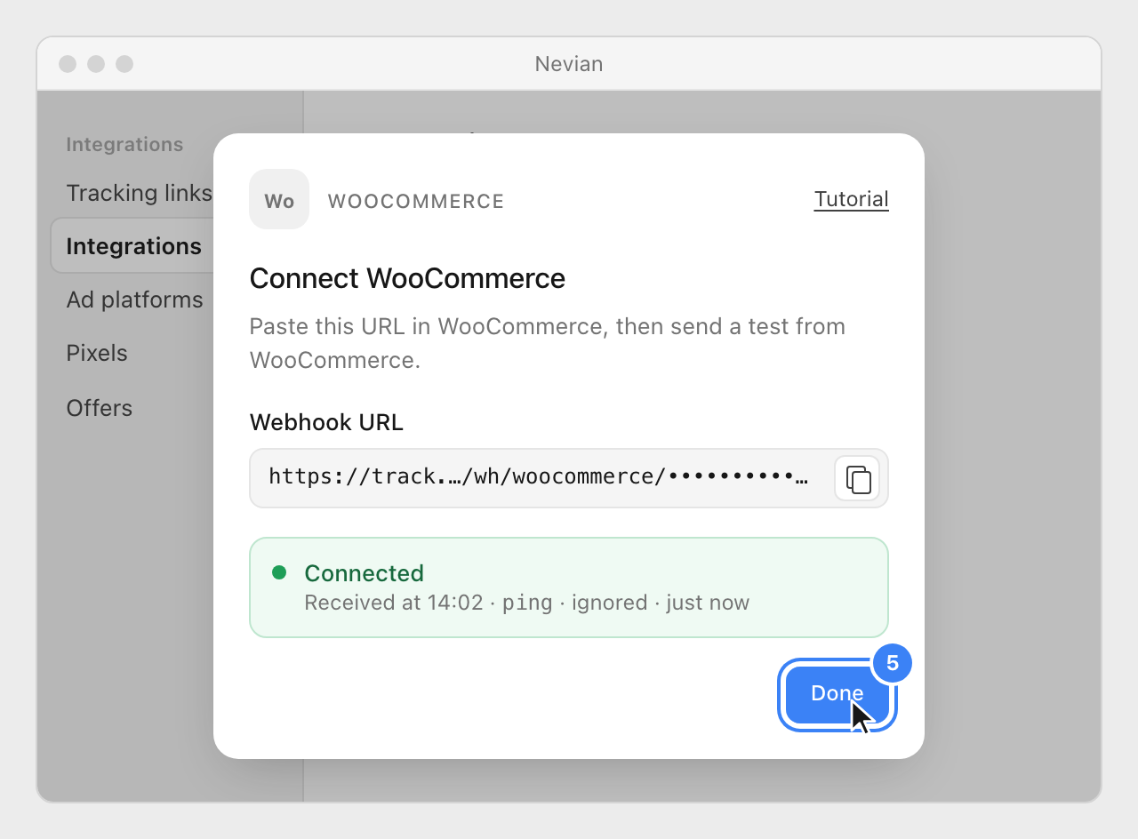 The Connect WooCommerce window in Nevian showing Connected after WooCommerce's ping, with the Done button highlighted.
