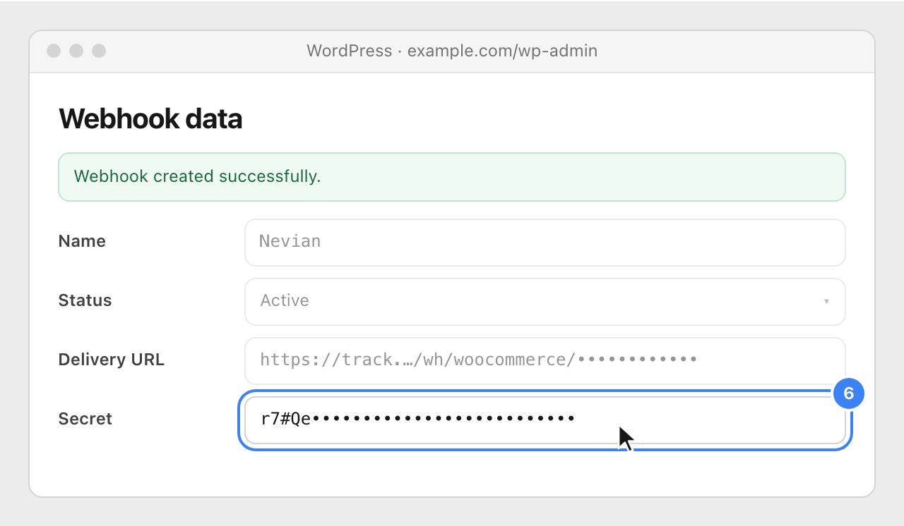 The saved webhook in WooCommerce with the generated Secret highlighted.
